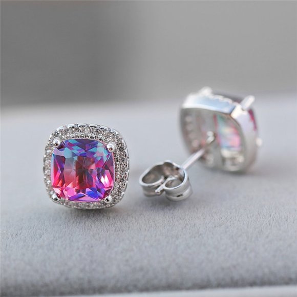 NEW White Gold Rainbow Diamond Halo Stud Earrings - Picture 3 of 5